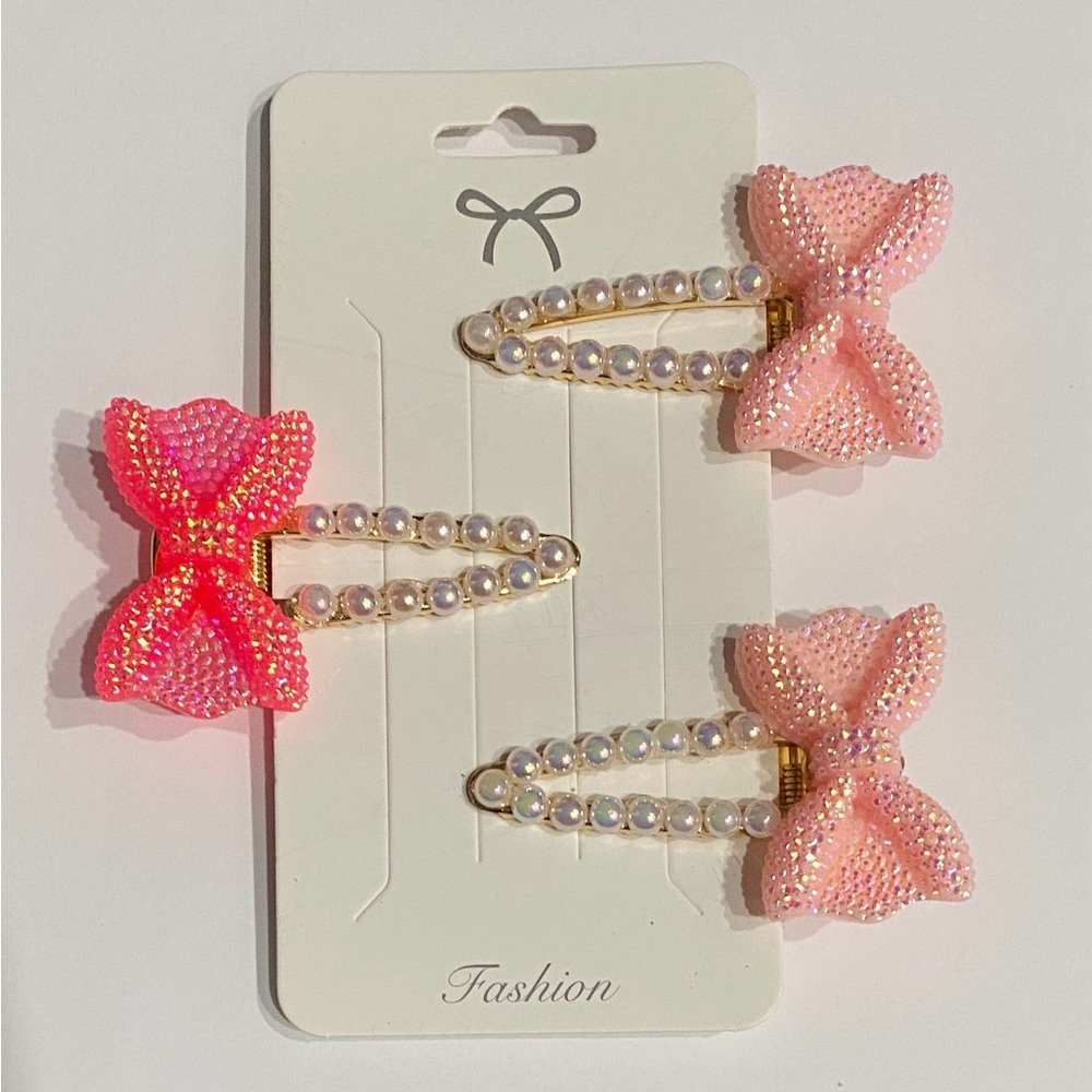 Pink Sparkle Bow & Pearl Hair Clip Set – 3 Piece